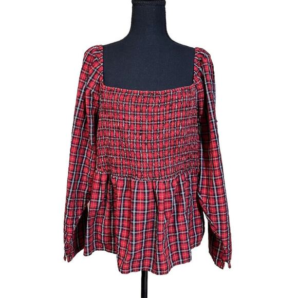 Old Navy Womens Plus 3X Red Tartan Plaid Blouse Smocked Babydoll Milkmaid Boho - Picture 1 of 14
